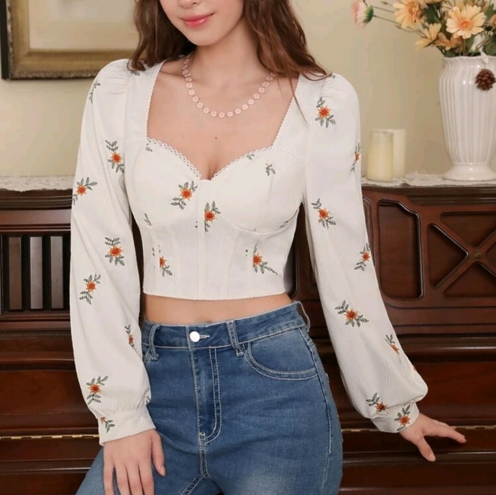 Corduroy Floral Crop Top